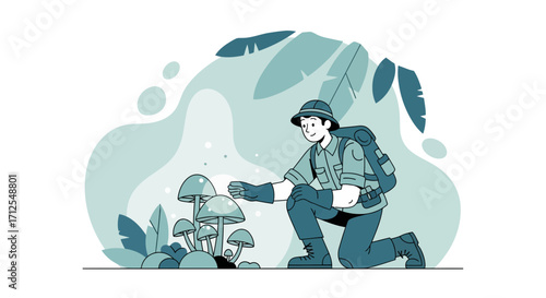 Explorer Discovering Wild Mushrooms In Forest, Nature Research And Outdoor Adventure Illustration