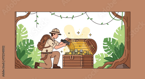 Explorer Discovering Treasure In Rich Jungle, Illustration Depicting Excitement and Discovery,