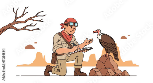 Explorer Documenting A Vulture In The Arid Terrain, Studying Avian Wildlife