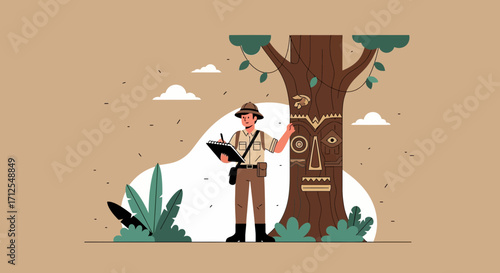 Explorer Documenting Ancient Carvings on a Tree in the Tropical Wilderness