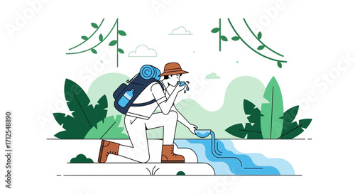 Explorer Drinking Water From a Mountain Spring During a Wilderness Trek