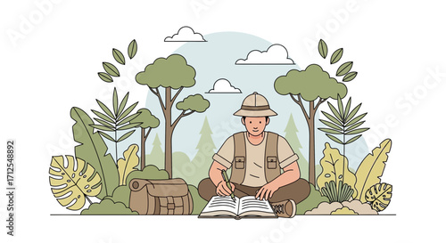 Explorer Documenting Wilderness Discoveries In A Lush Tropical Environment