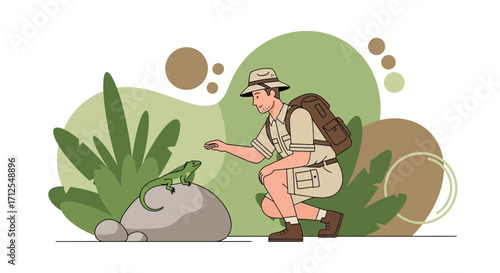 Explorer Encountering Reptile, Wildlife Researcher Observing Lizard, Safari Adventure Imagery