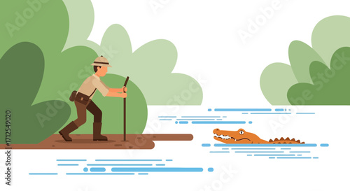 Explorer Facing a Crocodilian Hazard in Untamed Tropical Wilderness Scenery