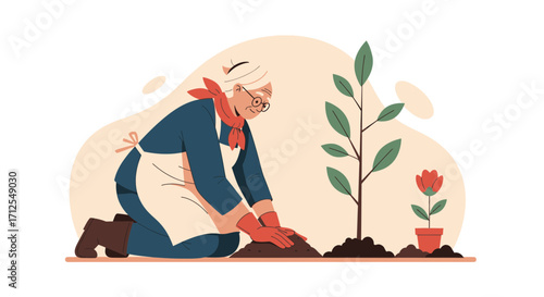 Elderly Woman Gardening Vigorously Planting Tree and Flower in Serene Outdoor Scene