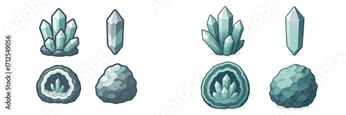 Colorful crystal formations arranged in various shapes and sizes on a white background showcasing their beauty and uniqueness