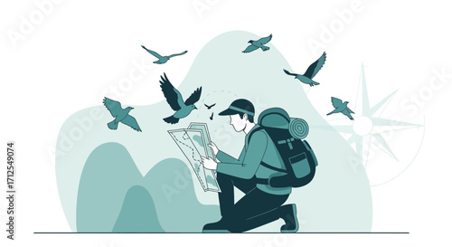 Explorer Finding His Way, Navigating with Compass and Watching Flying Birds