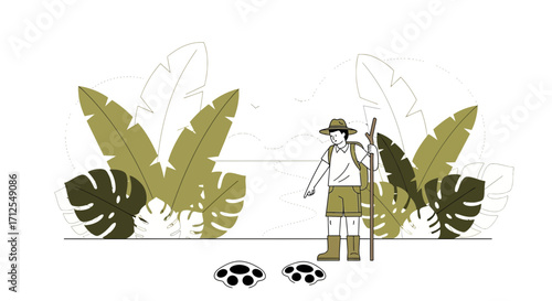 Explorer Following Animal Footprints In A Lush, Tropical Environment In Search Of Adventure