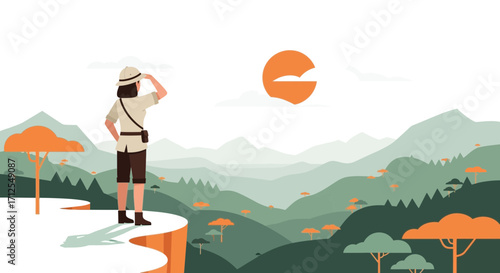 Explorer Gazing At Expansive Landscape, Discovering Scenic Vista In Vibrant Sunlight Scene
