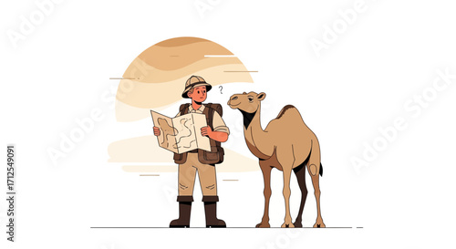 Explorer Finding Route in Desert with Camel, Seeking Direction to Explore Nature