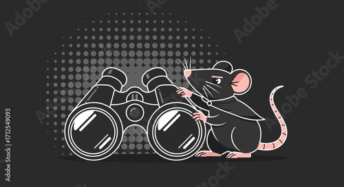 Curious Rat With Binoculars Observes A Surrounding In A Comic Style Illustration