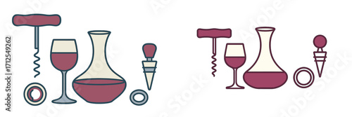 Wine accessories including corkscrew, glasses, decanter, and pour spout on a simple background