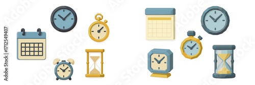Colorful collection of clocks and calendars displayed in various shapes and sizes, showcasing time management tools