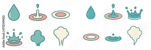 Various shapes and patterns created by water droplets splashing on a surface in a simple design