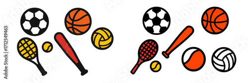 Sport equipment including soccer and basketball balls, bats, and rackets displayed on a colorful background in a creative arrangement