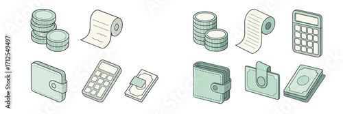 Finance icons representing money management tools for budgeting, calculations, and transactions in a simple design