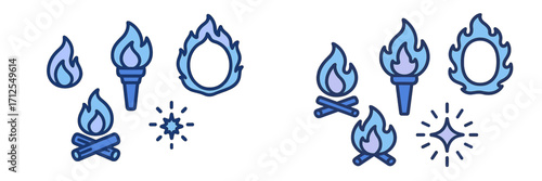 Colorful and playful illustrations of fire elements including flames, torches, and campfires in a fun design