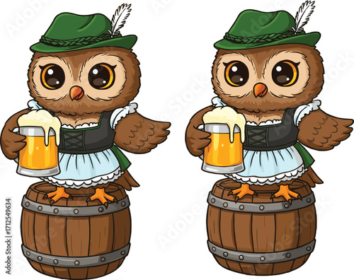 Cute owl cartoon in dirndl dress with beer mug, Oktoberfest theme, standing on barrel, German festival character, Bavarian celebration