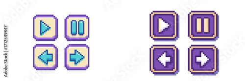 Colorful pixel art control buttons displayed in a grid layout for gaming interface, featuring arrows and pause functions