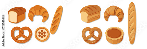 Baked goods collection featuring bread, croissants, pretzels, and pastries in various shapes and sizes