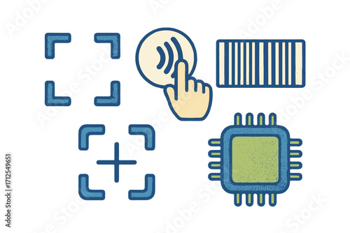 Visual symbols representing technology and interaction with devices and digital interfaces in a minimalistic style