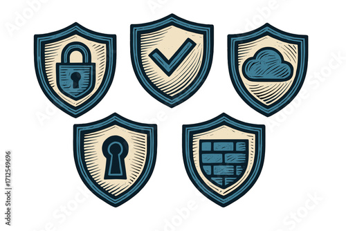 Collection of digital security shields showcasing various protection symbols for online safety