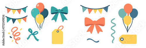 Colorful party decorations featuring balloons, ribbons, and festive banners for celebrations and events
