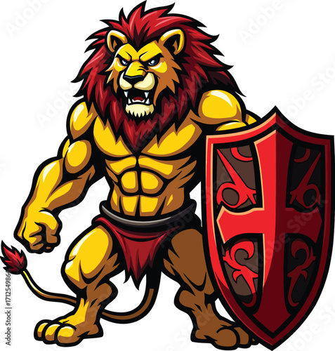 Fierce lion warrior holding shield, roaring jungle predator with strength