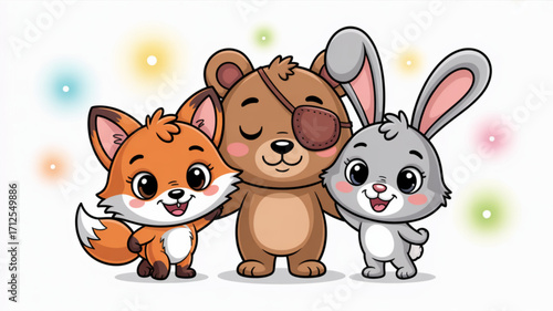Cute cartoon animals fox bear rabbit friends vector illustration for kids design and baby products design