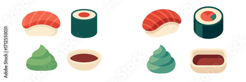 Variety of sushi with different toppings and sauces displayed on a simple background