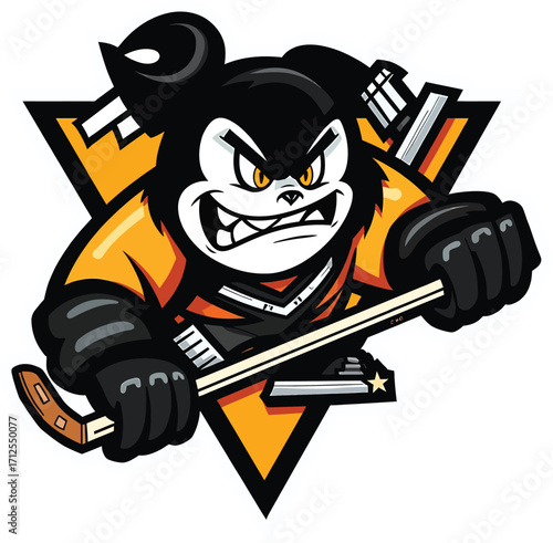 Strong penguin with hockey stick, tough arctic bird winter athlete