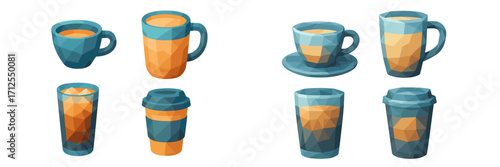 Various geometric coffee cup designs for artwork or digital projects showcasing different styles and colors