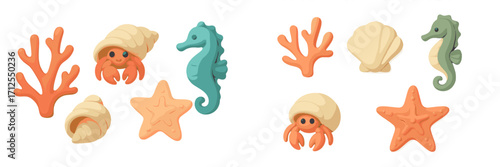 Colorful ocean-themed clay figures including crabs, seahorses, and starfish on a white background