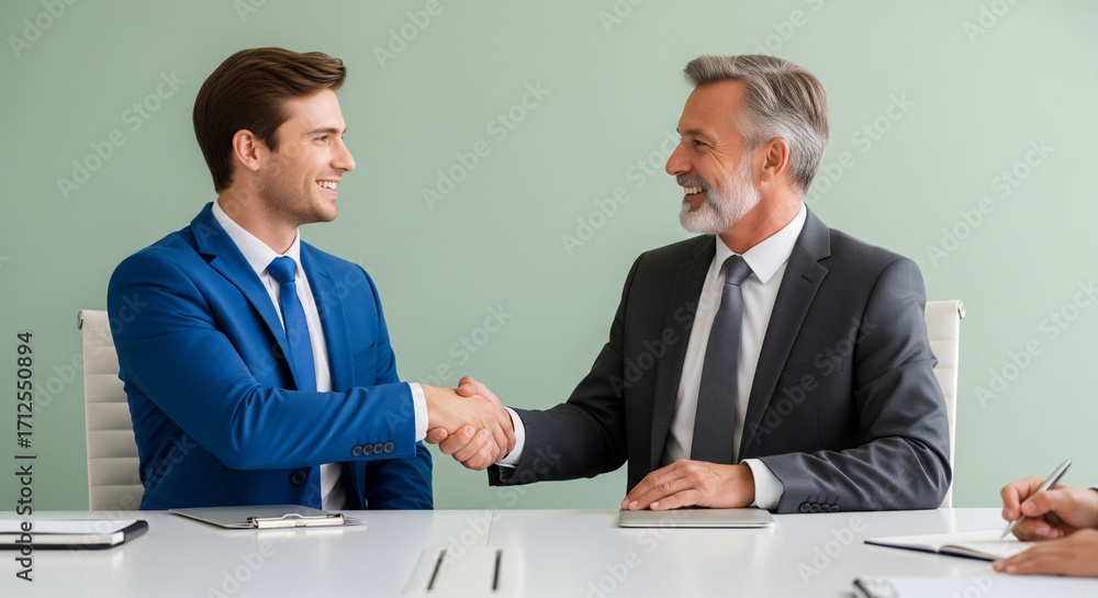 Fototapeta premium Two smiling businessmen shake hands across a modern conference table, sealing a deal and signifying partnership and success.