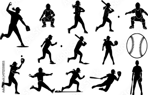 Softball player silhouettes, Softball silhouettes set