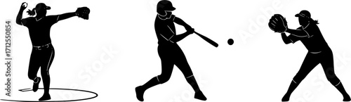 Softball player silhouettes, Softball silhouettes set