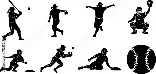 Softball player silhouettes, Softball silhouettes set