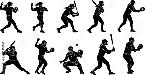 Softball player silhouettes, Softball silhouettes set