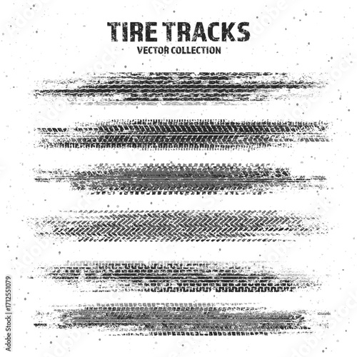 Grunge tire tracks with mud splatters, dirty wheel braking marks. Truck, car, or motorcycle tread pattern silhouettes. Perfect for off-road, motorsport, and racing designs. Vector illustration