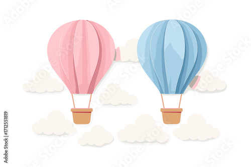Gender reveal party invitation template with pink and blue hot air balloons. Baby shower concept for boy or girl. 3D vector paper cut craft style illustration.