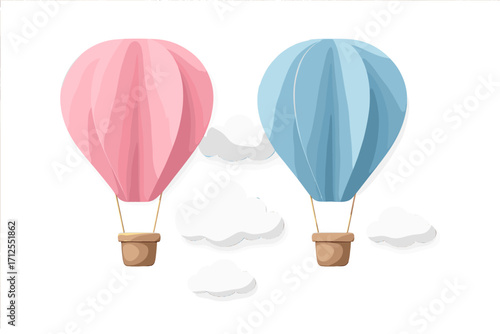 Gender reveal concept with hot air balloons. 3D paper cut art of pink and blue balloon for boy or girl baby shower. Vector illustration for party invitation card or decor.