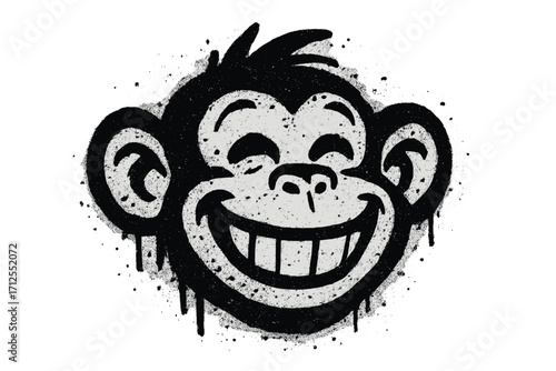 Smiling ape face in urban street graffiti style. Monkey stencil icon with spray paint texture and drips. Crypto art, NFT graphic asset vector illustration for modern design.