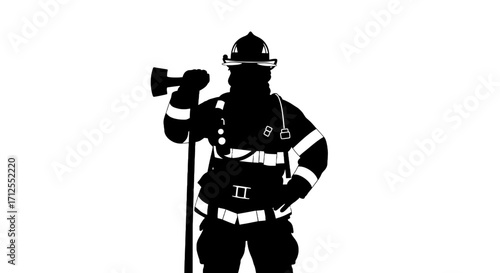 Silhouette of a Firefighter Holding an Axe in Black and White