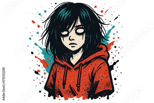 Creepy girl with dead eyes in urban street art graffiti style. Emo, goth female character with black hair. Sad, depressed zombie face. Grunge splash isolated vector print.