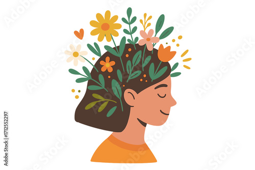 Mental health psychology concept. Be kind to your mind. Woman head with blooming flowers. Positive thinking, self care, harmony and inner peace. Good thoughts vector.