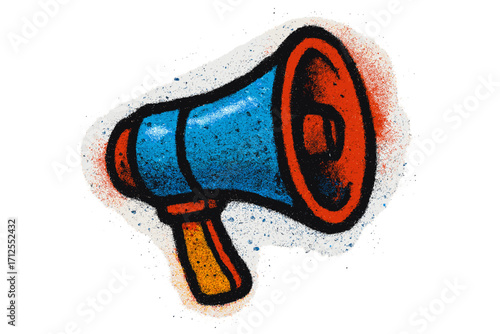 Graffiti spray paint megaphone icon. Urban airbrush textured vector illustration. Communication, announcement, protest, public speaking concept. Loud voice symbol isolated.