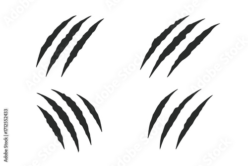 Claw scratch mark set. Vector animal claw slashes. Monster, tiger, bear, cat attack. Horror scary halloween decoration element. Torn paper effect. Violent damage silhouette.