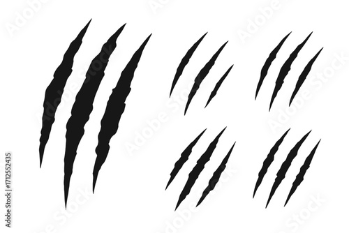 Claw scratch marks set. Monster, tiger, bear animal claws slash. Vector silhouette illustration. Rip, tear damage effect. Horror, Halloween design element. Wild attack trace.