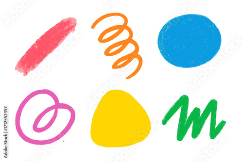 Set of colorful freehand charcoal strokes and shapes. Hand-drawn abstract vector elements. Bright colored crayon or chalk texture scribbles, smears, squiggles, and doodles.