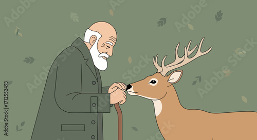 Gentle Encounter: A Respectful Elderly Man's Tender Moment with a Majestic Buck
